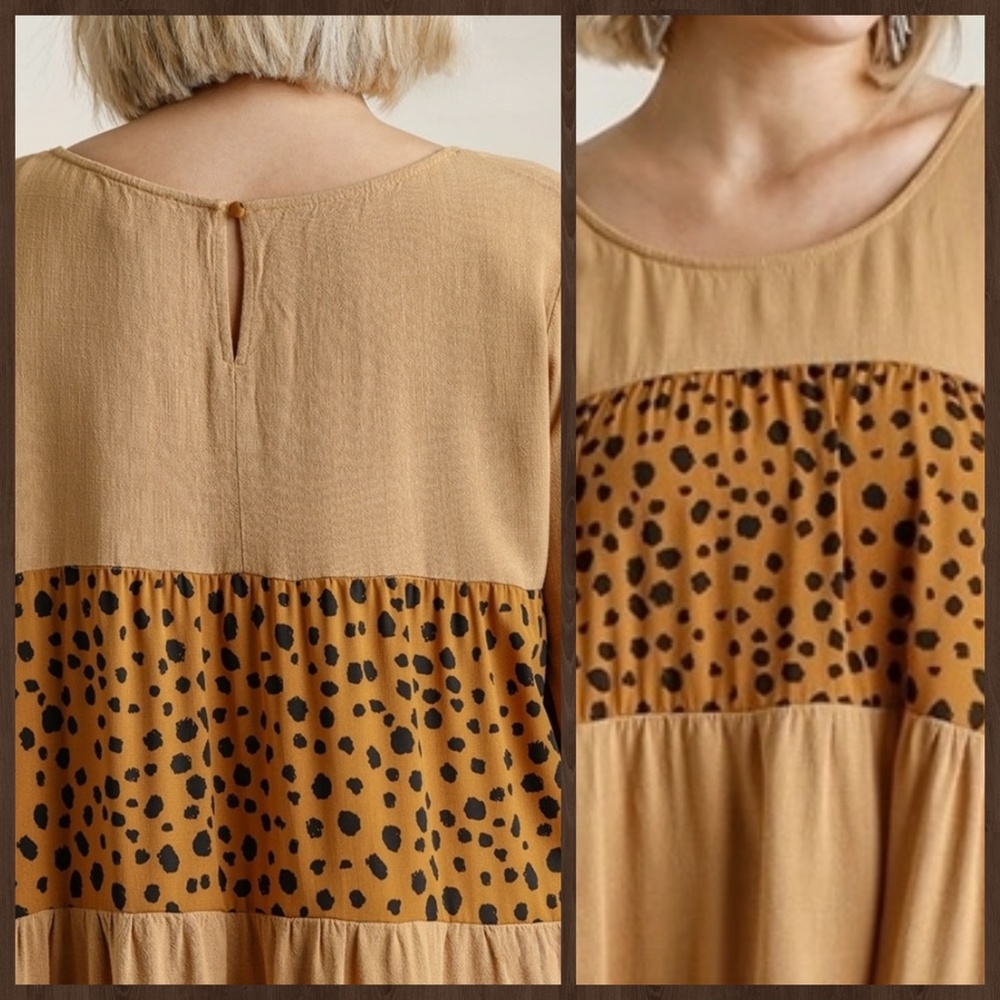 UMGEE Puff Sleeve & Ruffled Cuff Tiered Babydoll Dress Fringe Hem W/Animal Print - Picture 8 of 16
